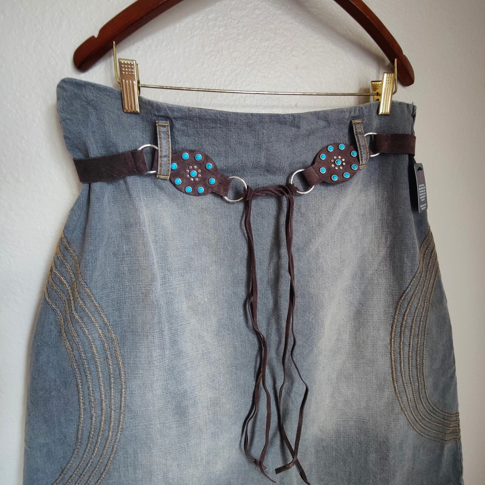Gloria Vintage Y2K Deadstock Denim Mini Skirt Western Turquoise Belt Festival XL - Picture 2 of 7